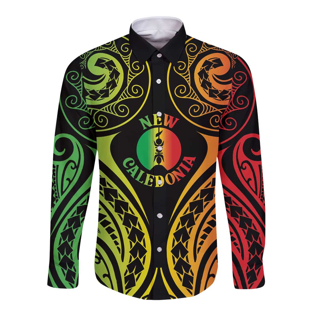 New Caledonia Day Long Sleeve Button Shirt Polynesian Curves Reggae Color - Polynesian Pride