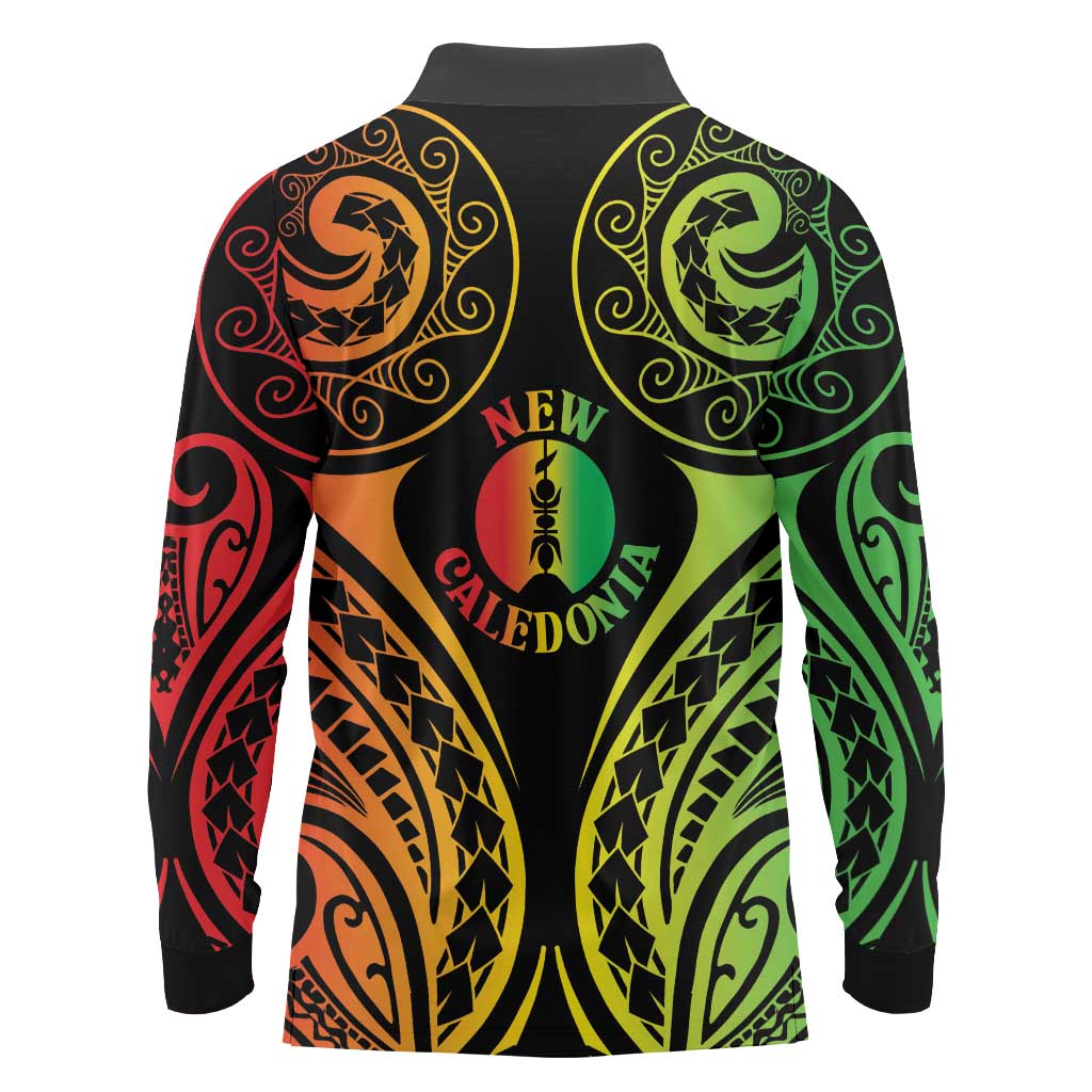 New Caledonia Day Long Sleeve Polo Shirt Polynesian Curves Reggae Color - Polynesian Pride