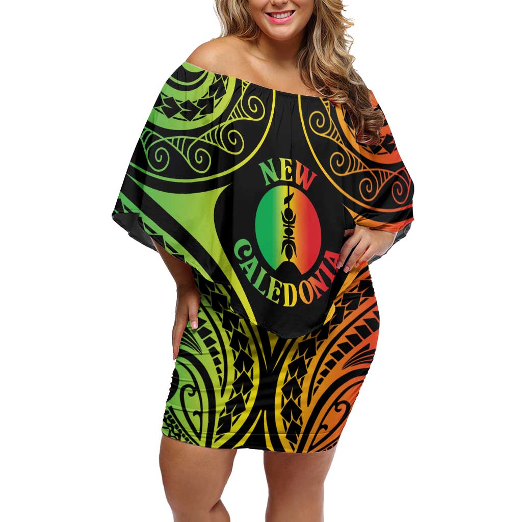 New Caledonia Day Off Shoulder Short Dress Polynesian Curves Reggae Color - Polynesian Pride