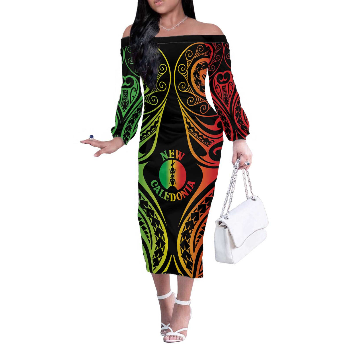New Caledonia Day Off The Shoulder Long Sleeve Dress Polynesian Curves Reggae Color - Polynesian Pride