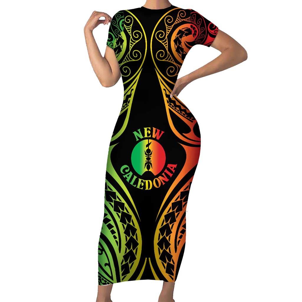 New Caledonia Day Short Sleeve Bodycon Dress Polynesian Curves Reggae Color - Polynesian Pride