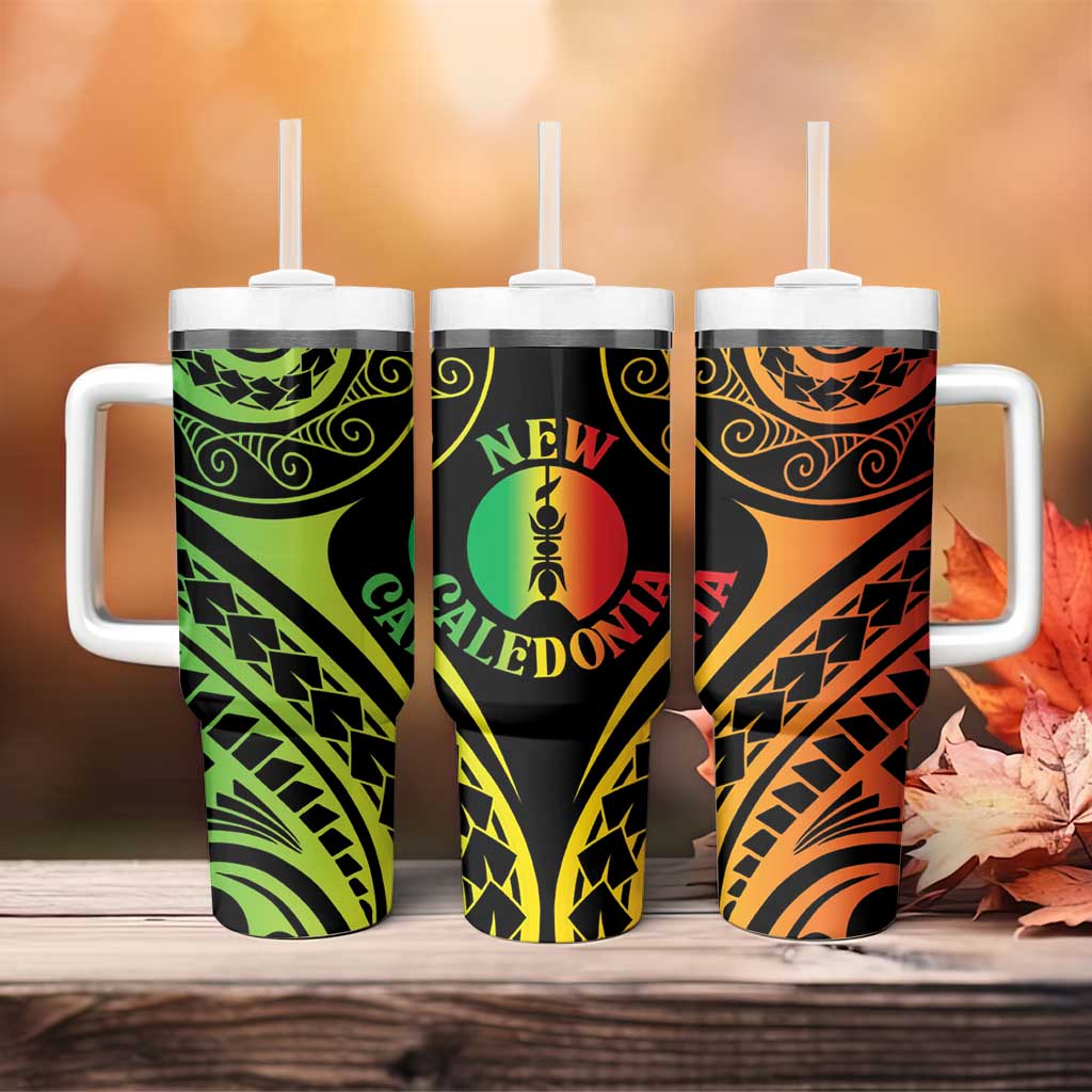 New Caledonia Day Tumbler With Handle Polynesian Curves Reggae Color - Polynesian Pride