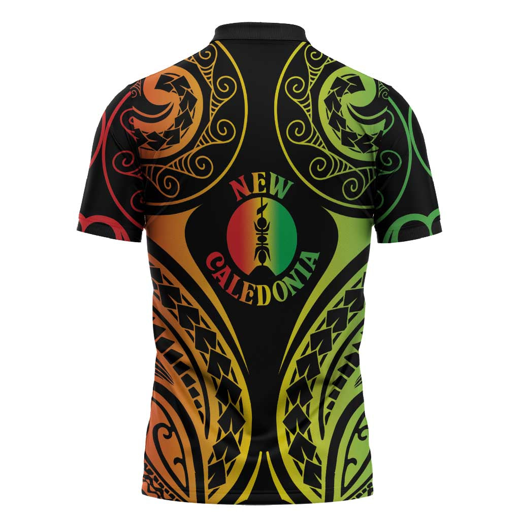 New Caledonia Day Zipper Polo Shirt Polynesian Curves Reggae Color - Polynesian Pride