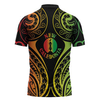 New Caledonia Day Zipper Polo Shirt Polynesian Curves Reggae Color - Polynesian Pride