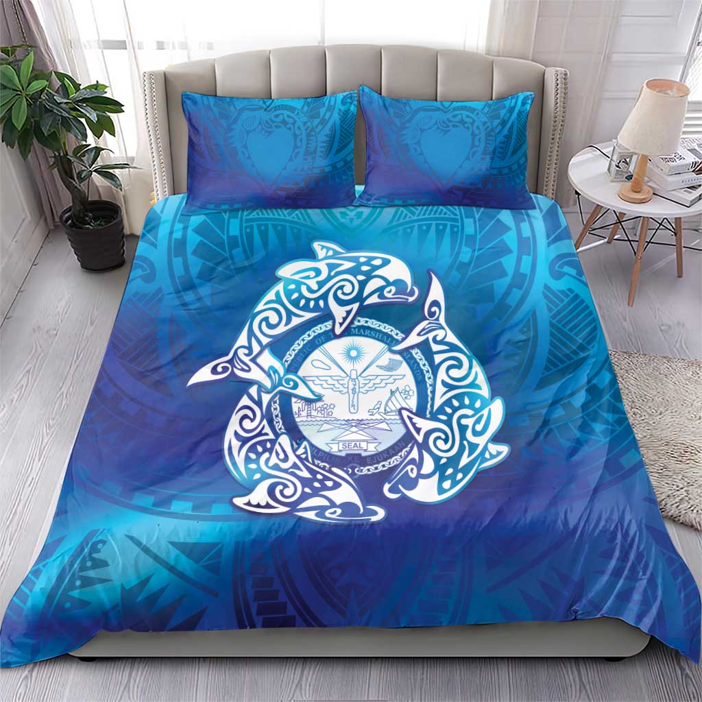 Marshall Islands Manit Day Bedding Set Tribal Dolphin With Marshall Seal - Polynesian Pride