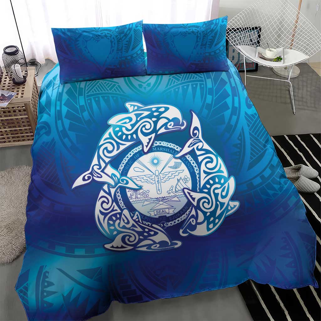 Marshall Islands Manit Day Bedding Set Tribal Dolphin With Marshall Seal - Polynesian Pride
