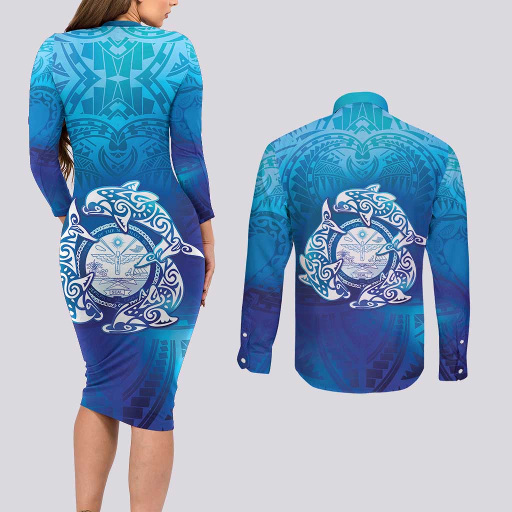 Marshall Islands Manit Day Couples Matching Long Sleeve Bodycon Dress and Long Sleeve Button Shirt Tribal Dolphin With Marshall Seal - Polynesian Pride