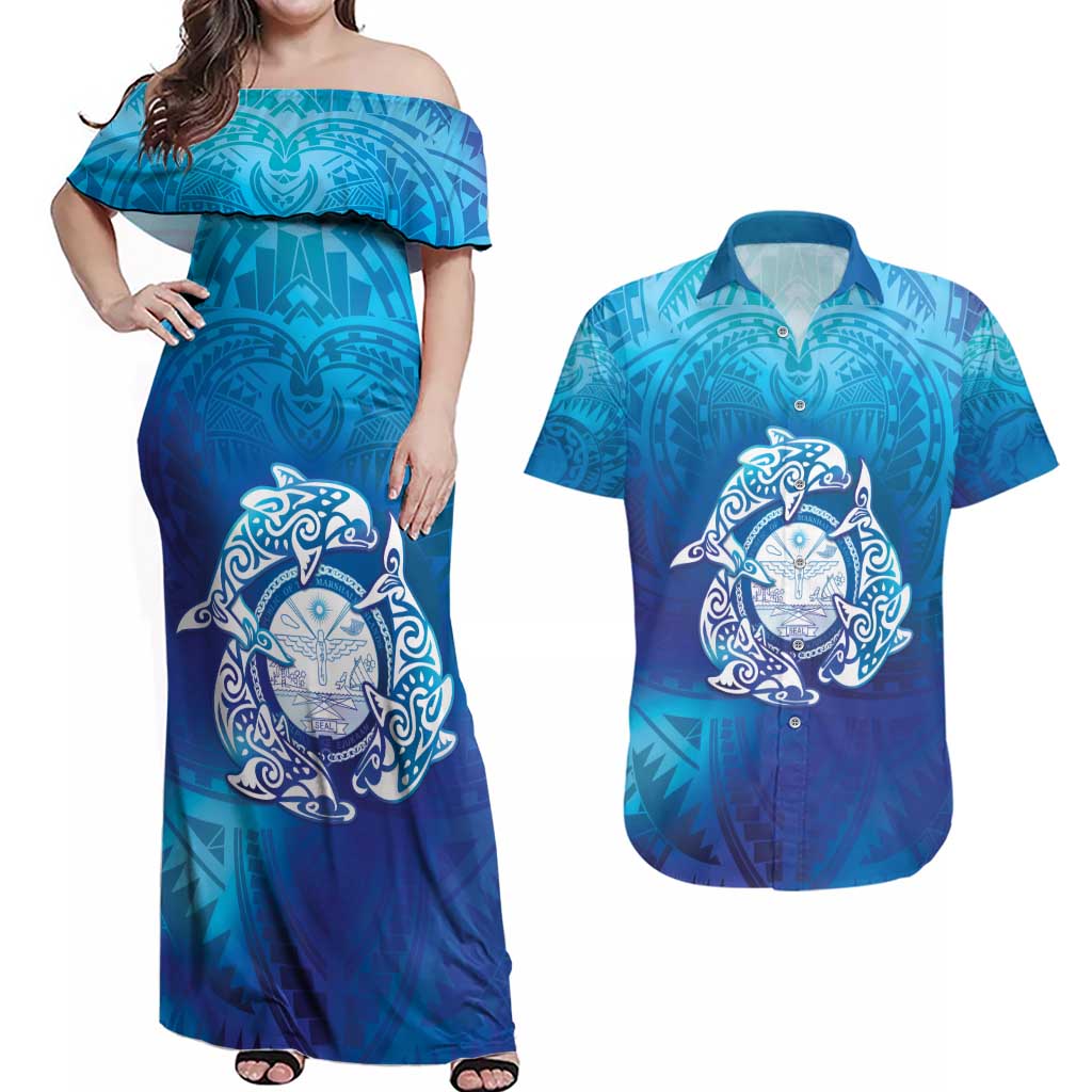Marshall Islands Manit Day Couples Matching Off Shoulder Maxi Dress and Hawaiian Shirt Tribal Dolphin With Marshall Seal - Polynesian Pride