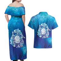 Marshall Islands Manit Day Couples Matching Off Shoulder Maxi Dress and Hawaiian Shirt Tribal Dolphin With Marshall Seal - Polynesian Pride
