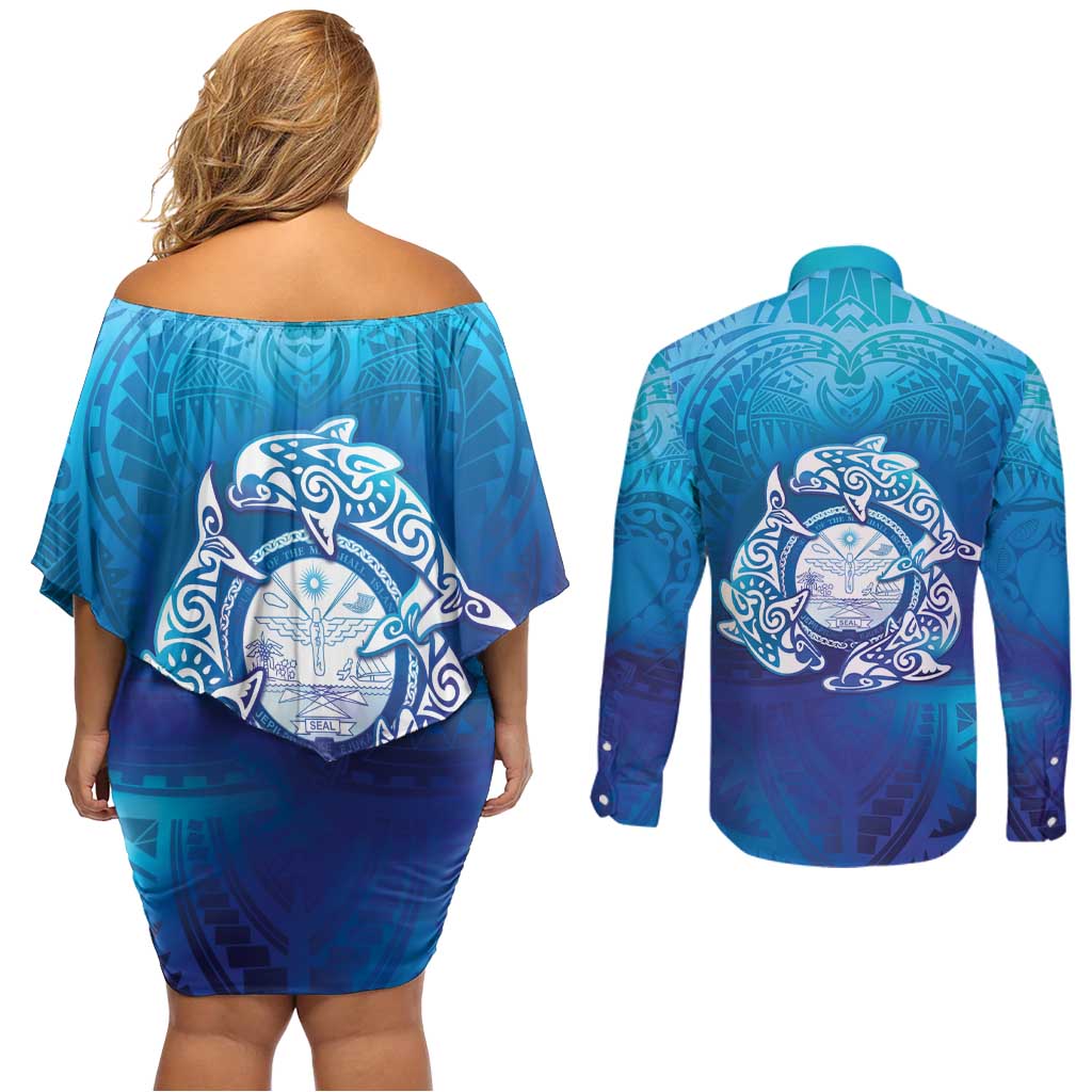 Marshall Islands Manit Day Couples Matching Off Shoulder Short Dress and Long Sleeve Button Shirt Tribal Dolphin With Marshall Seal - Polynesian Pride