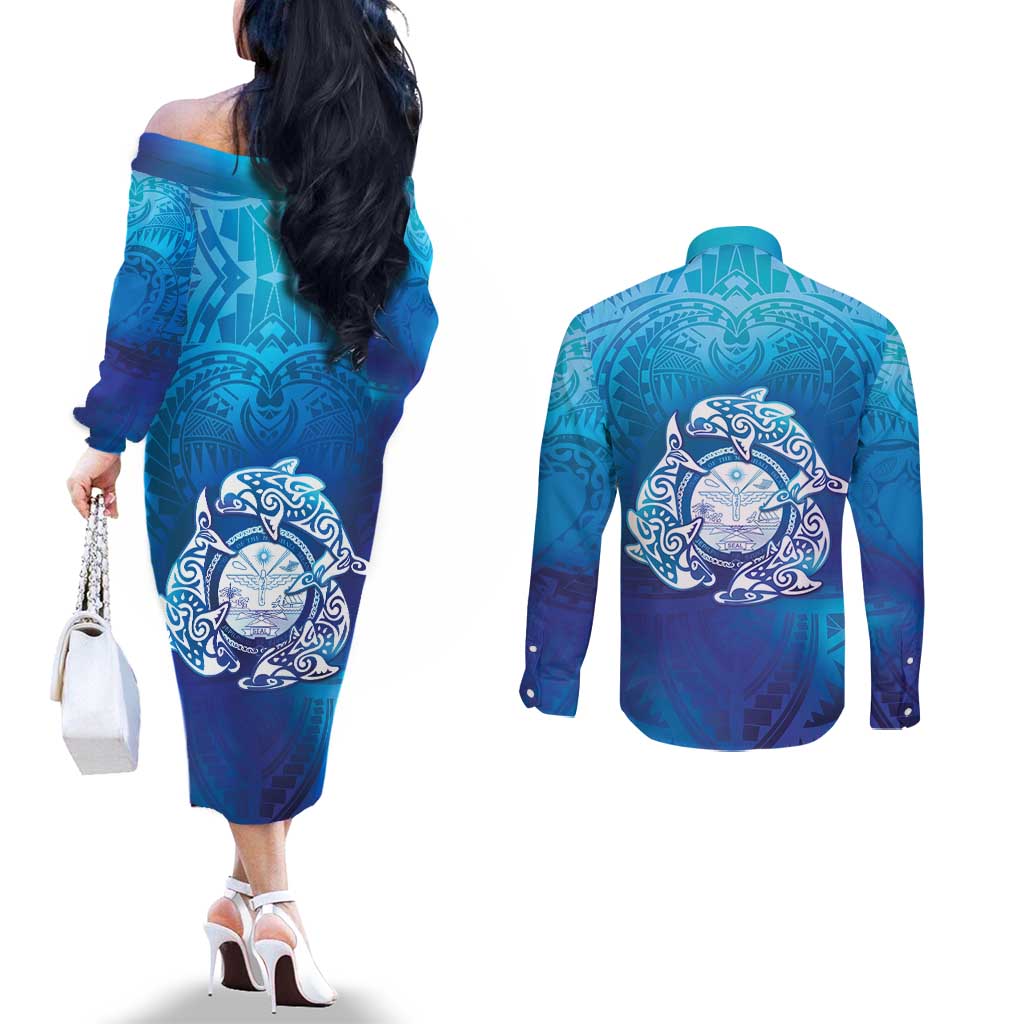 Marshall Islands Manit Day Couples Matching Off The Shoulder Long Sleeve Dress and Long Sleeve Button Shirt Tribal Dolphin With Marshall Seal - Polynesian Pride