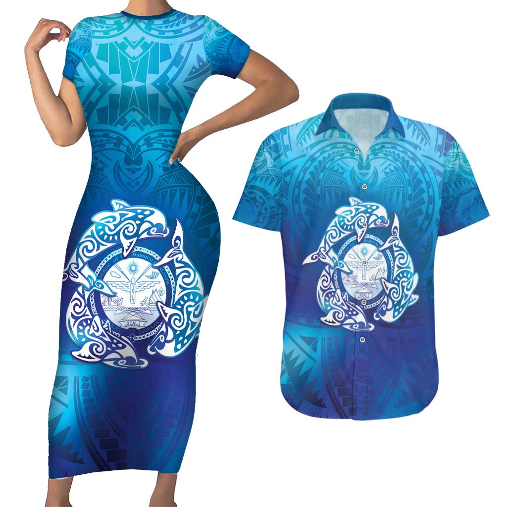 Marshall Islands Manit Day Couples Matching Short Sleeve Bodycon Dress and Hawaiian Shirt Tribal Dolphin With Marshall Seal - Polynesian Pride