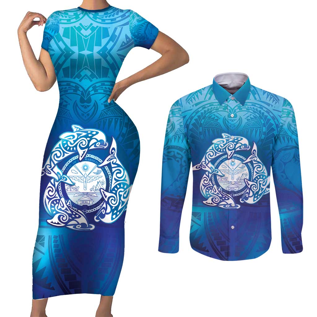 Marshall Islands Manit Day Couples Matching Short Sleeve Bodycon Dress and Long Sleeve Button Shirt Tribal Dolphin With Marshall Seal - Polynesian Pride
