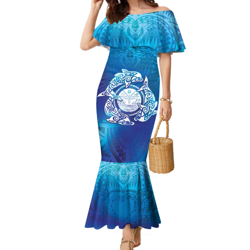 Marshall Islands Manit Day Family Matching Mermaid Dress and Hawaiian Shirt Tribal Dolphin With Marshall Seal - Polynesian Pride