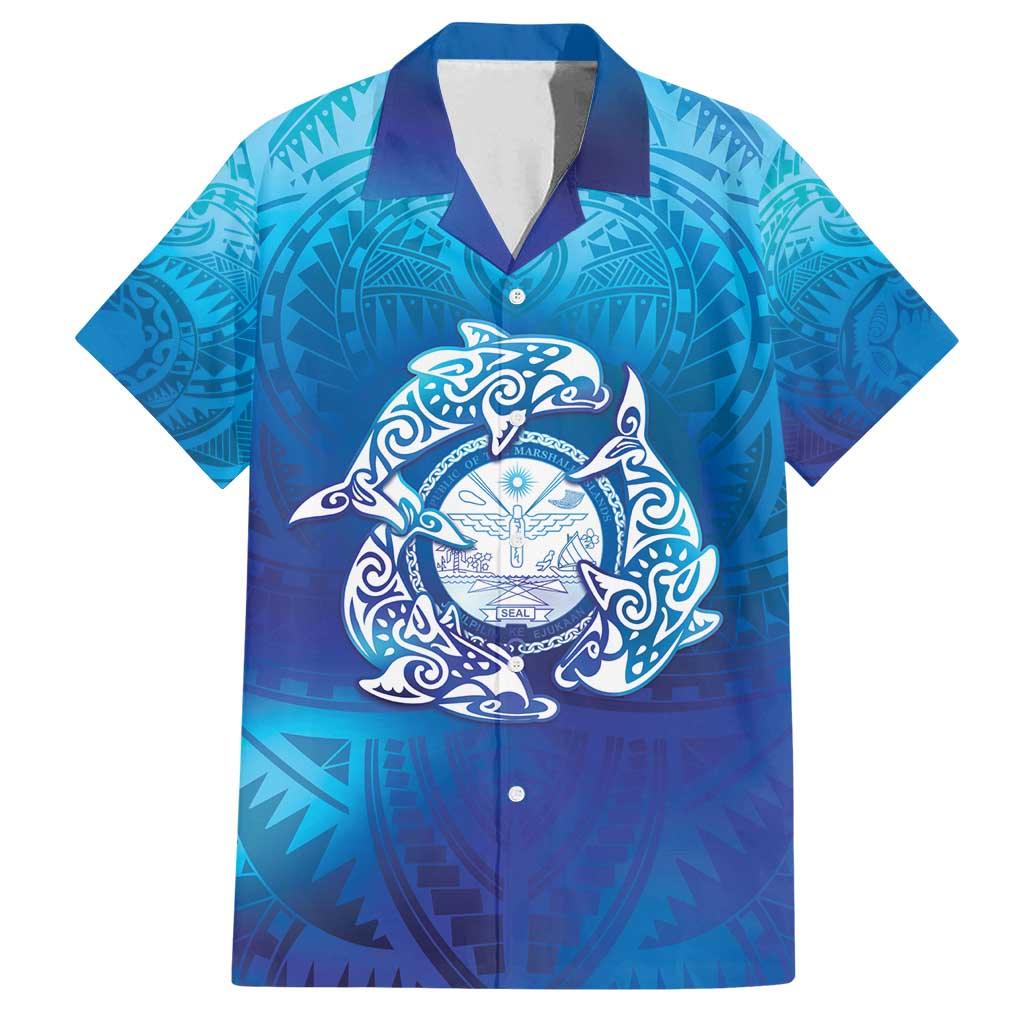 Marshall Islands Manit Day Family Matching Off Shoulder Short Dress and Hawaiian Shirt Tribal Dolphin With Marshall Seal - Polynesian Pride