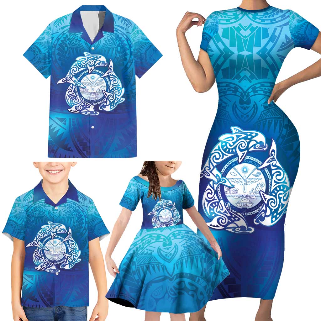 Marshall Islands Manit Day Family Matching Short Sleeve Bodycon Dress and Hawaiian Shirt Tribal Dolphin With Marshall Seal - Polynesian Pride