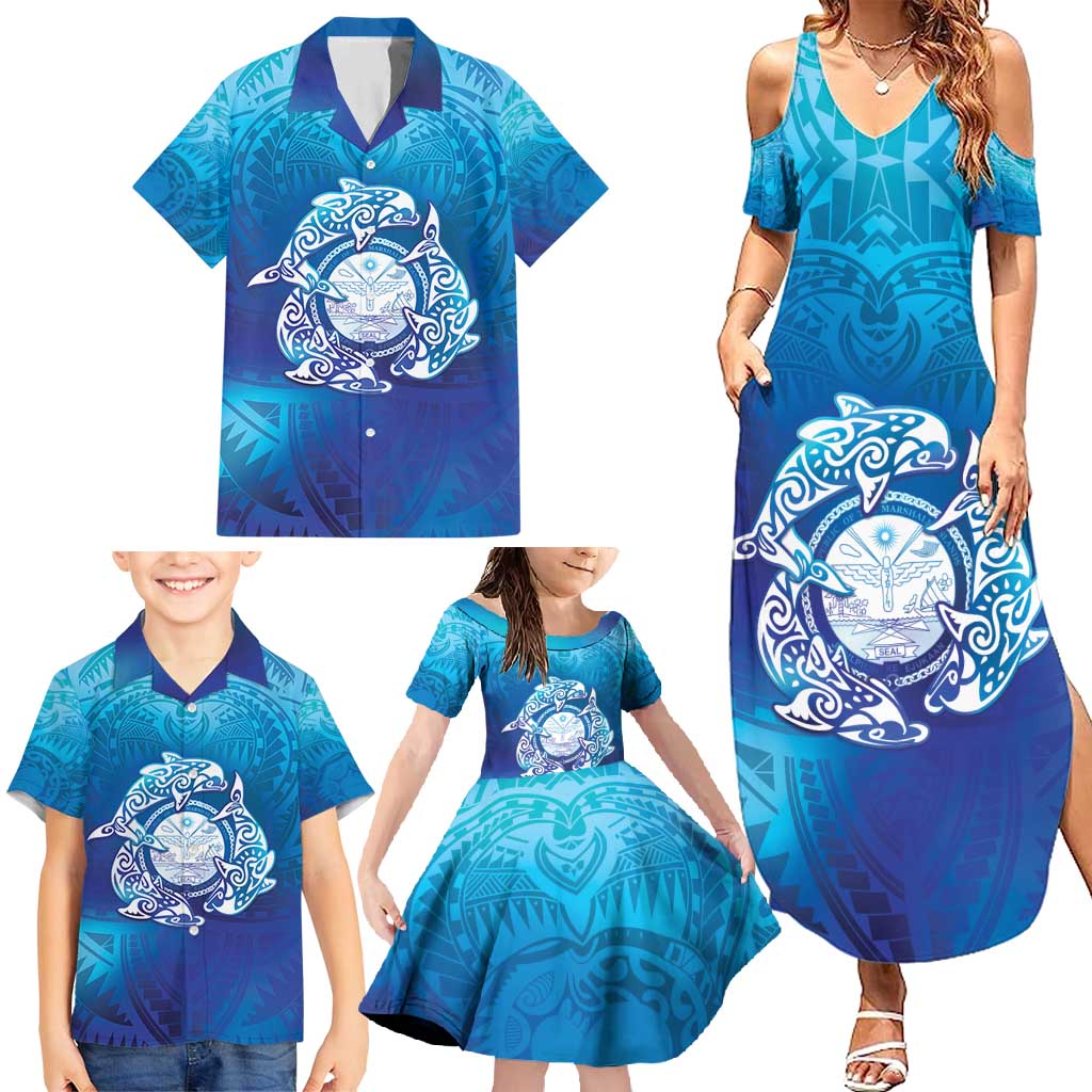 Marshall Islands Manit Day Family Matching Summer Maxi Dress and Hawaiian Shirt Tribal Dolphin With Marshall Seal - Polynesian Pride