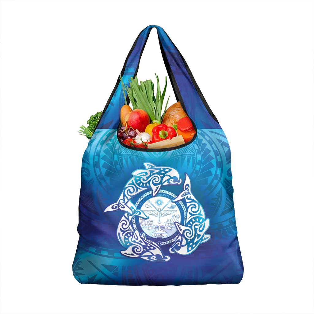Marshall Islands Manit Day Grocery Bag Tribal Dolphin With Marshall Seal - Polynesian Pride