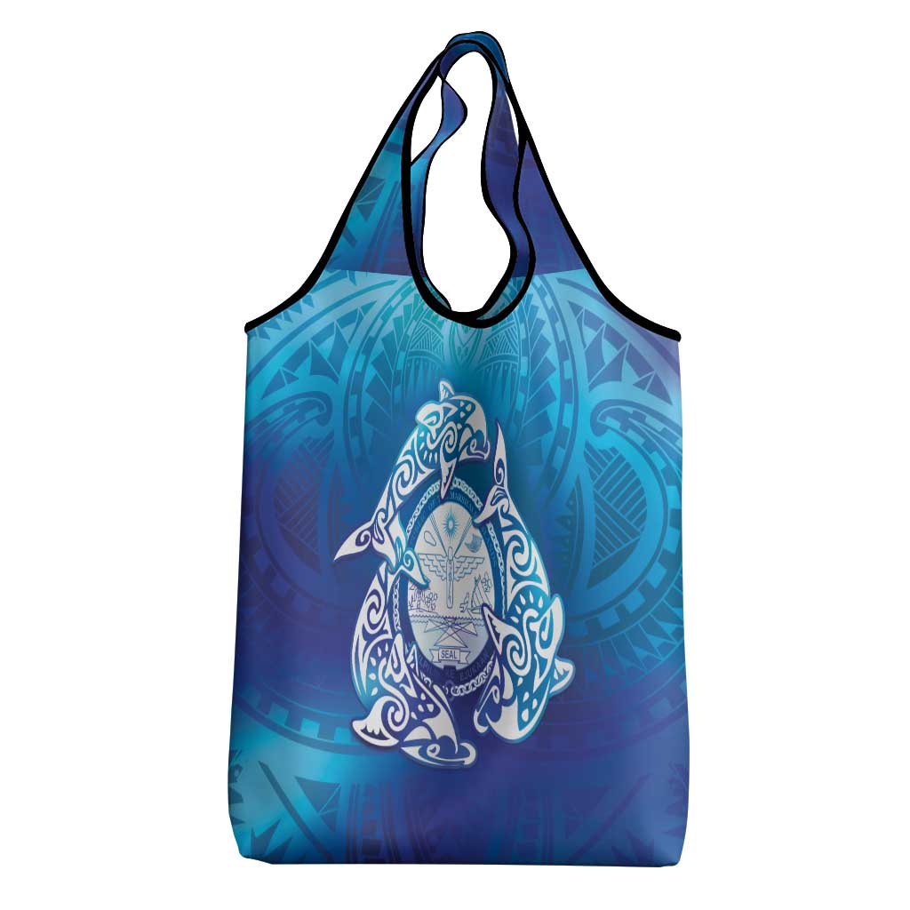 Marshall Islands Manit Day Grocery Bag Tribal Dolphin With Marshall Seal - Polynesian Pride