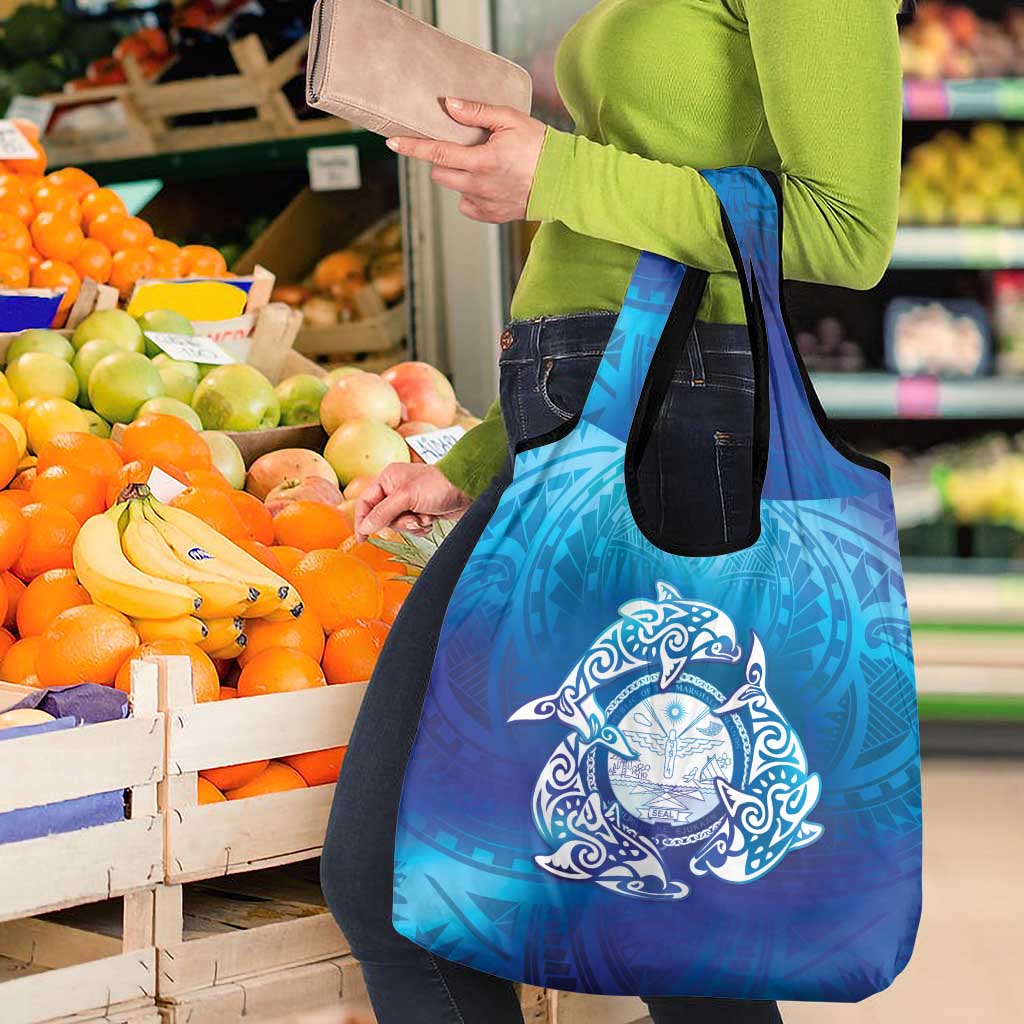Marshall Islands Manit Day Grocery Bag Tribal Dolphin With Marshall Seal - Polynesian Pride