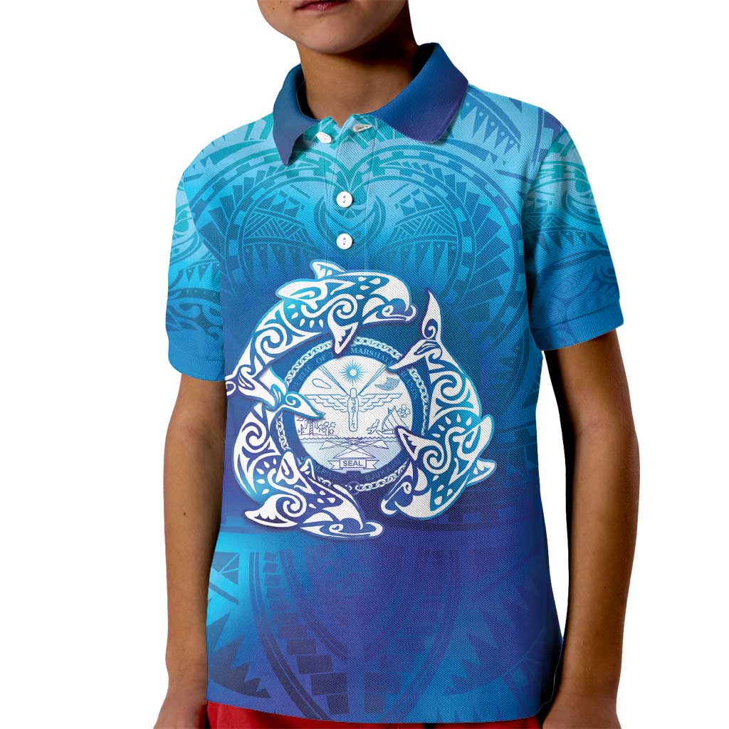 Marshall Islands Manit Day Kid Polo Shirt Tribal Dolphin With Marshall Seal - Polynesian Pride