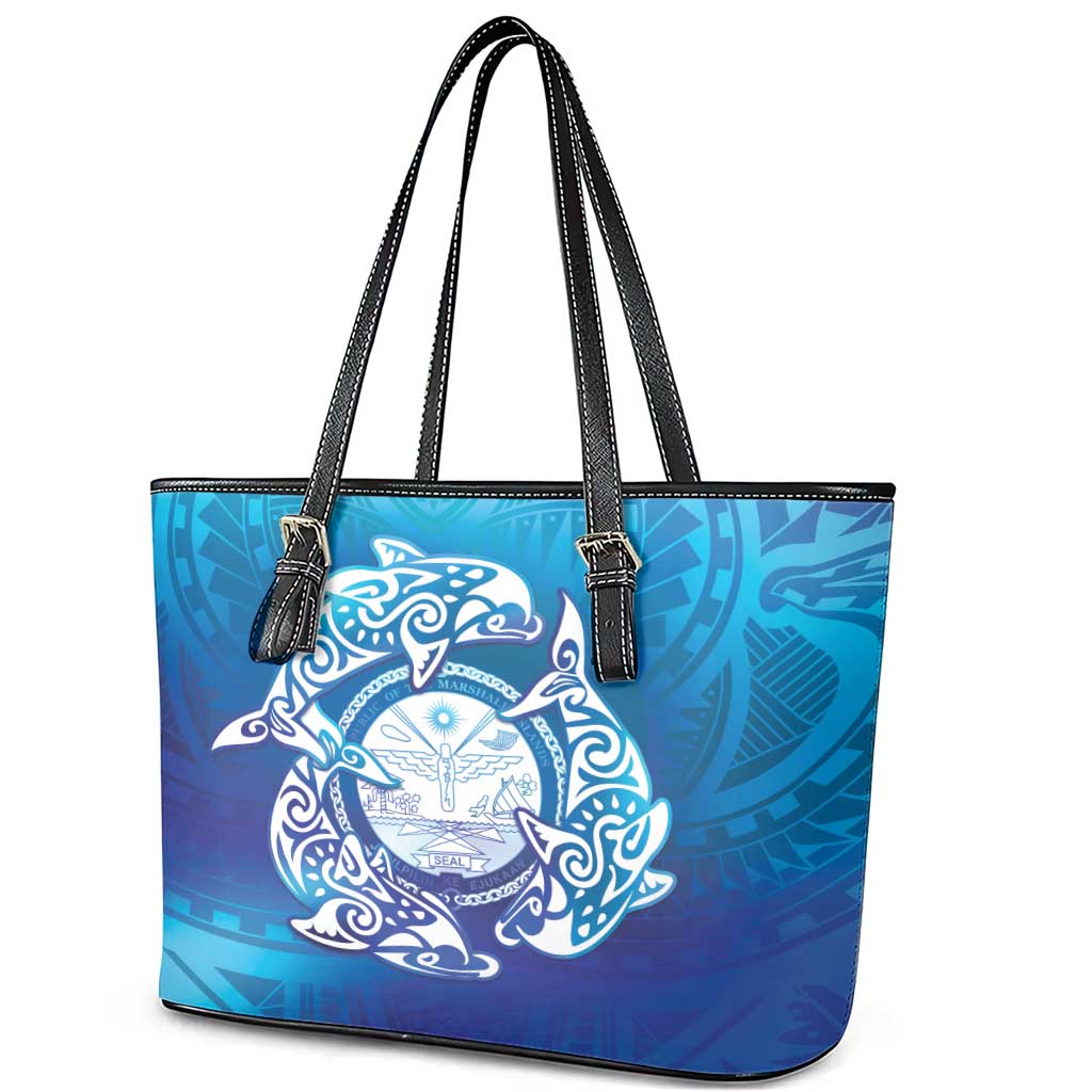 Marshall Islands Manit Day Leather Tote Bag Tribal Dolphin With Marshall Seal - Polynesian Pride