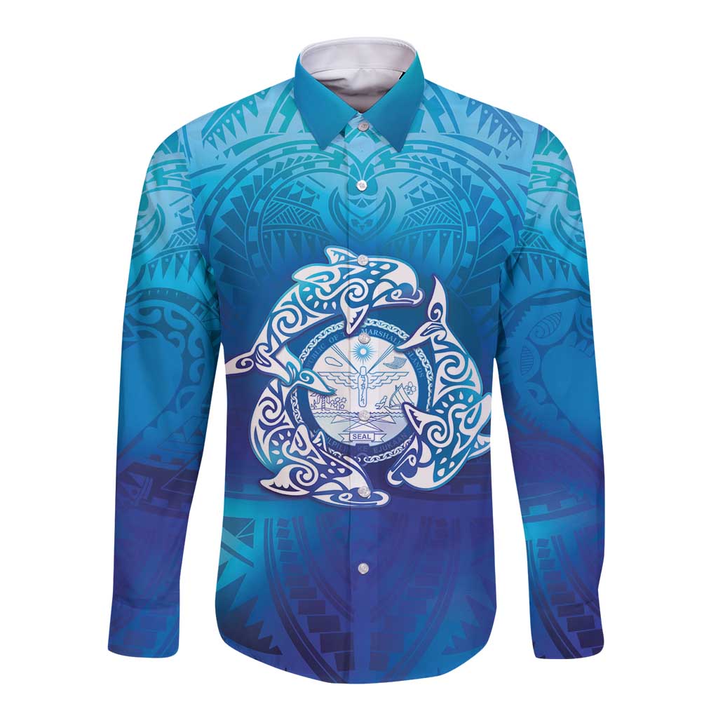 Marshall Islands Manit Day Long Sleeve Button Shirt Tribal Dolphin With Marshall Seal - Polynesian Pride