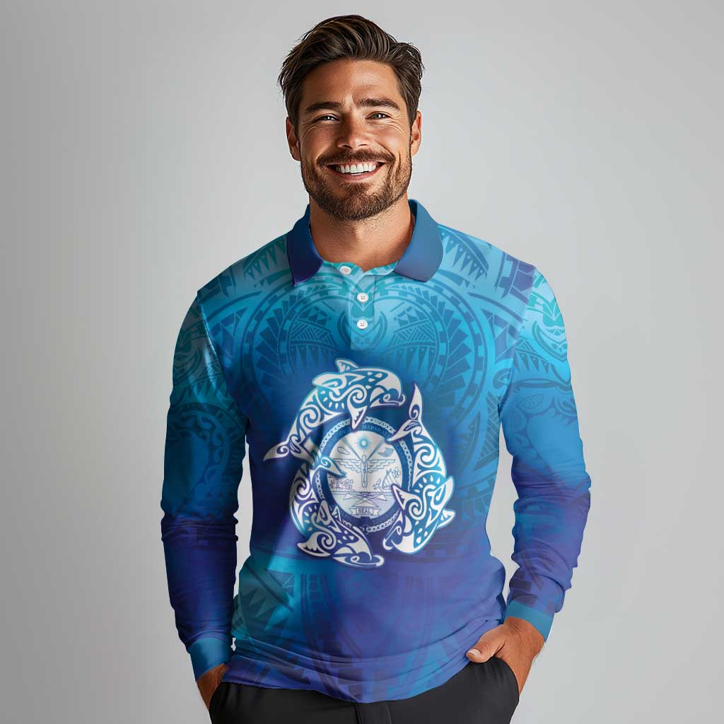 Marshall Islands Manit Day Long Sleeve Polo Shirt Tribal Dolphin With Marshall Seal - Polynesian Pride