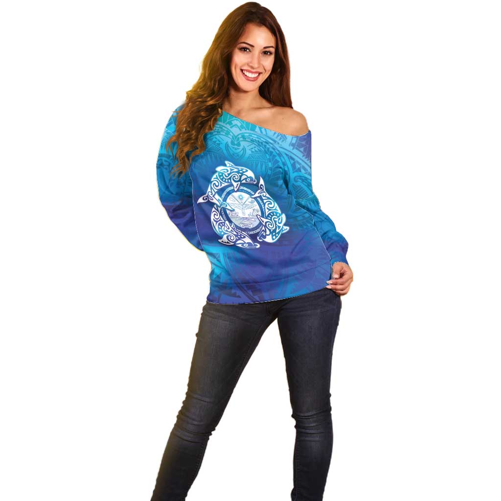 Marshall Islands Manit Day Off Shoulder Sweater Tribal Dolphin With Marshall Seal - Polynesian Pride