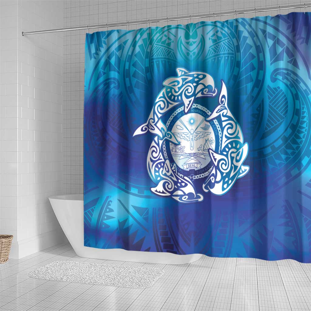 Marshall Islands Manit Day Shower Curtain Tribal Dolphin With Marshall Seal - Polynesian Pride