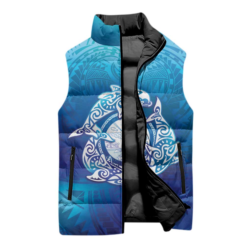 Marshall Islands Manit Day Sleeveless Puffer Jacket Tribal Dolphin With Marshall Seal - Polynesian Pride