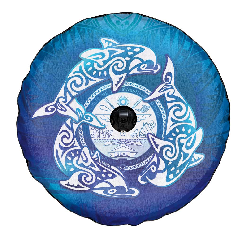 Marshall Islands Manit Day Spare Tire Cover Tribal Dolphin With Marshall Seal - Polynesian Pride