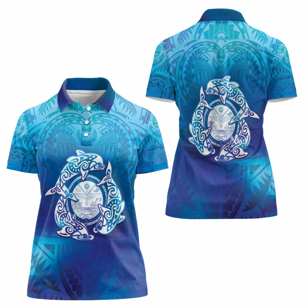 Marshall Islands Manit Day Women Polo Shirt Tribal Dolphin With Marshall Seal - Polynesian Pride