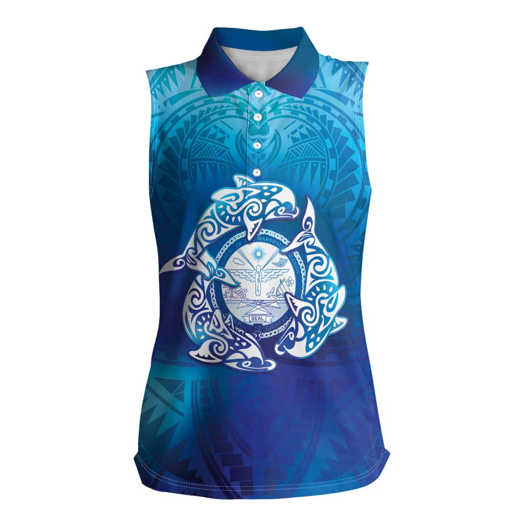 Marshall Islands Manit Day Women Sleeveless Polo Shirt Tribal Dolphin With Marshall Seal - Polynesian Pride