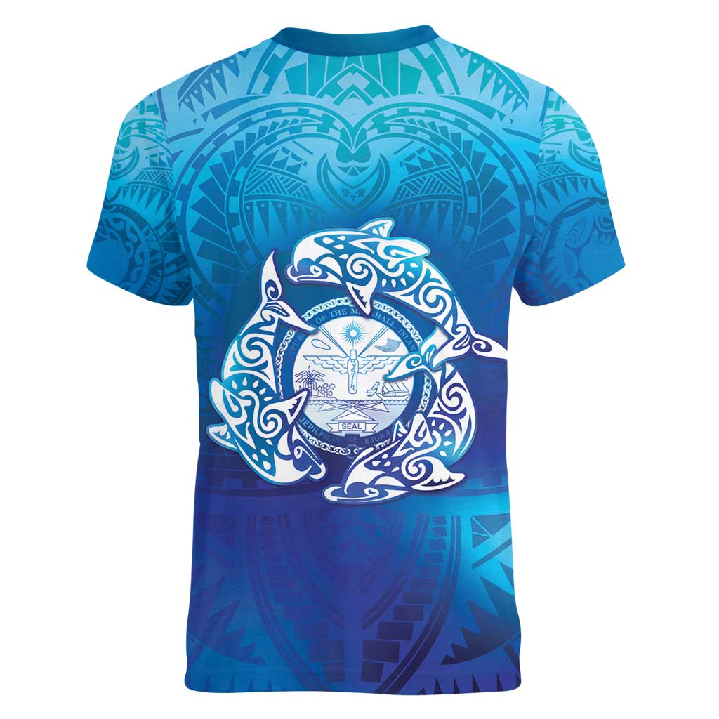 Marshall Islands Manit Day Women V-Neck T-Shirt Tribal Dolphin With Marshall Seal - Polynesian Pride