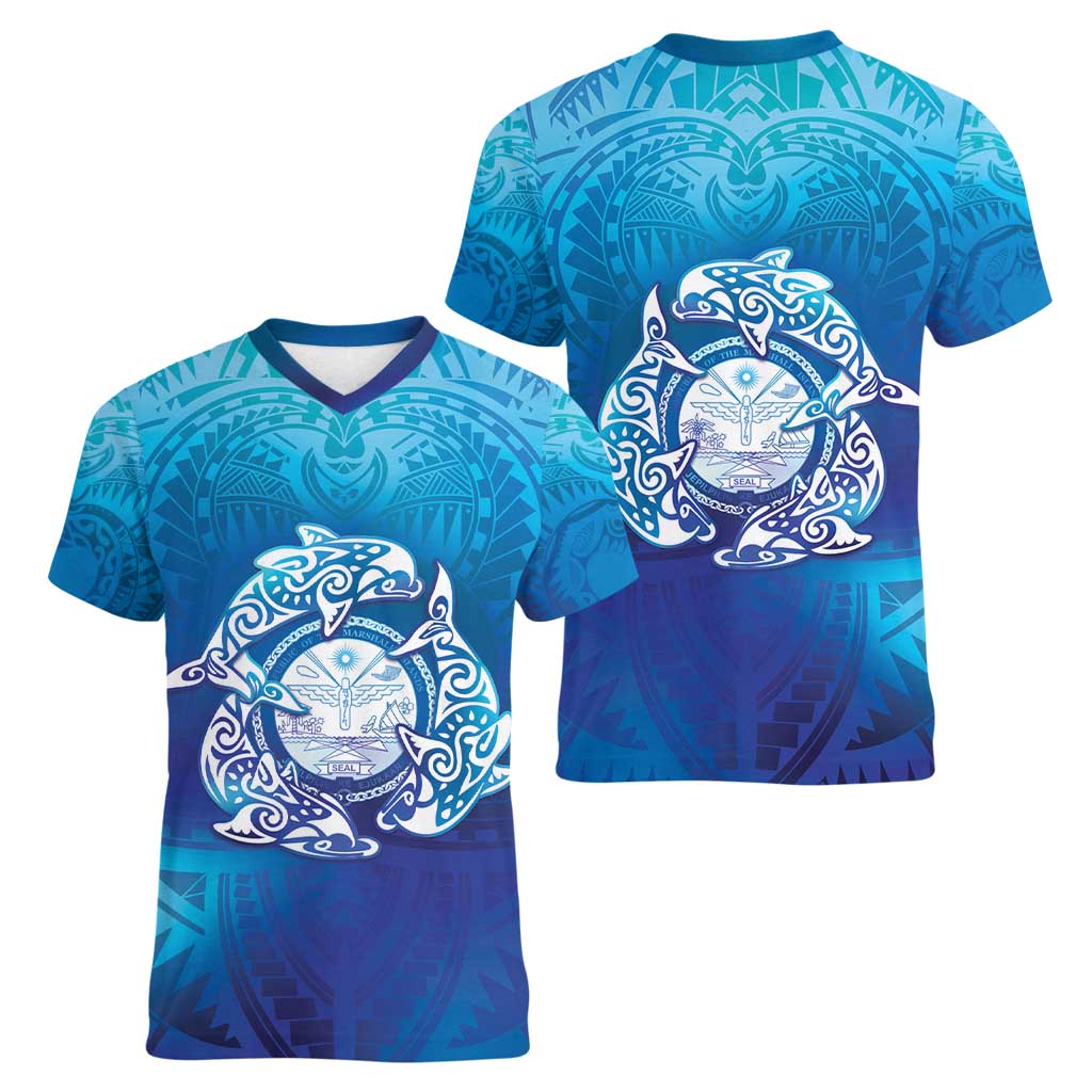 Marshall Islands Manit Day Women V-Neck T-Shirt Tribal Dolphin With Marshall Seal - Polynesian Pride