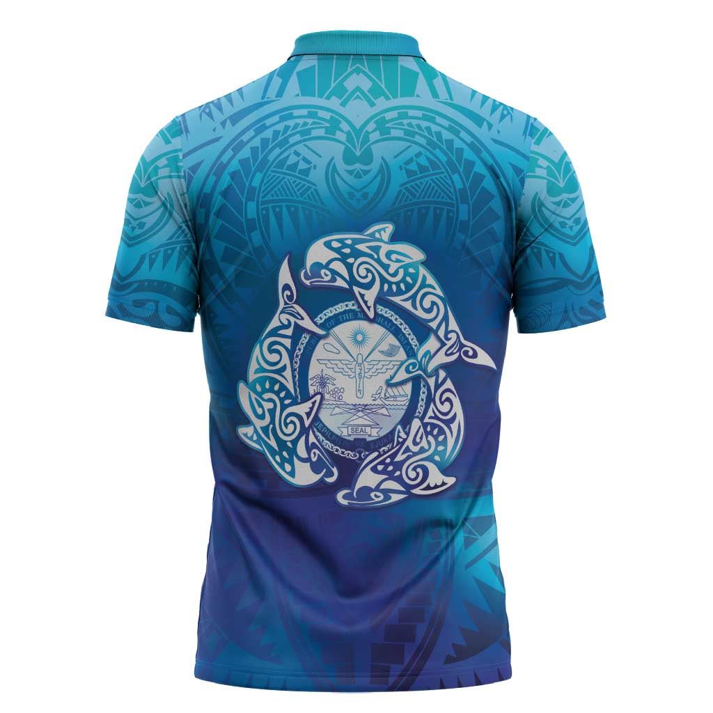 Marshall Islands Manit Day Zipper Polo Shirt Tribal Dolphin With Marshall Seal - Polynesian Pride