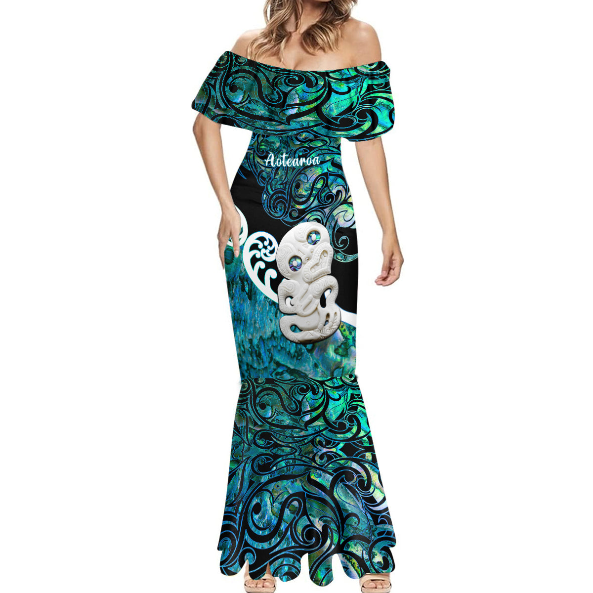 Aotearoa New Zealand Mermaid Dress Paua Shell Fern Koru With Maori Hei Tiki LT05 - Polynesian Pride