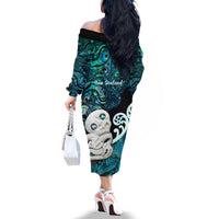 Aotearoa New Zealand Off The Shoulder Long Sleeve Dress Paua Shell Fern Koru With Maori Hei Tiki LT05 - Polynesian Pride