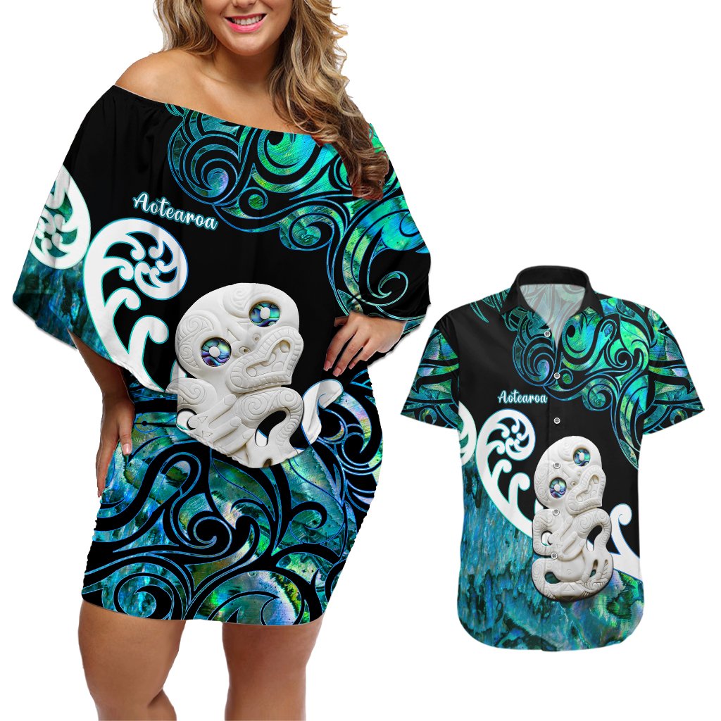 Personalized Aotearoa New Zealand Couples Matching Off Shoulder Short Dress and Hawaiian Shirt Paua Shell Fern Koru With Maori Hei Tiki LT05 Green - Polynesian Pride