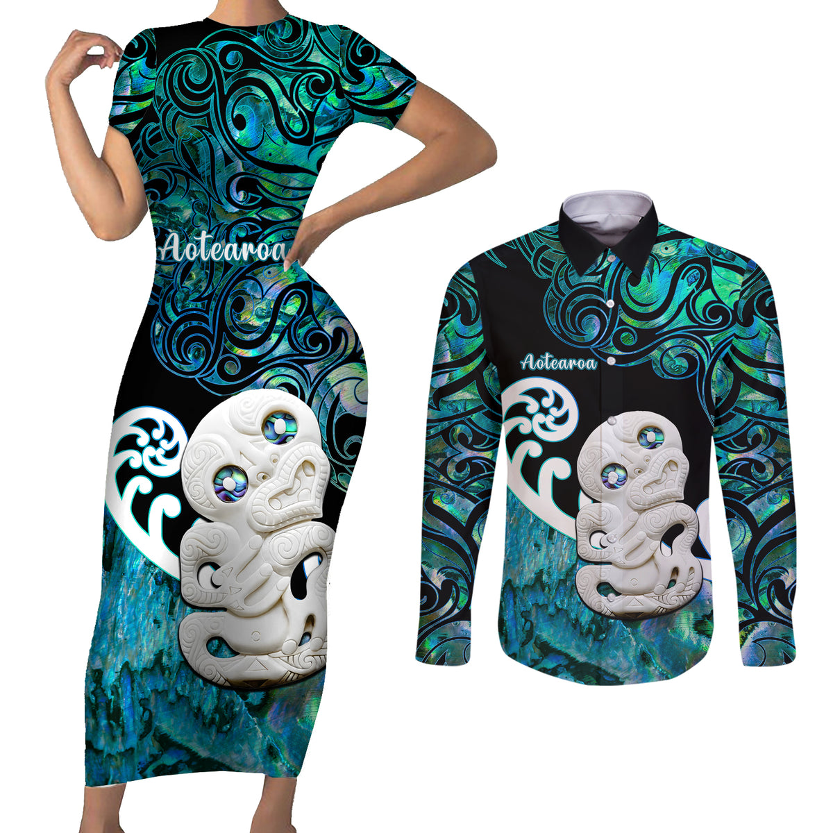 Personalized Aotearoa New Zealand Couples Matching Short Sleeve Bodycon Dress and Long Sleeve Button Shirts Paua Shell Fern Koru With Maori Hei Tiki LT05 Green - Polynesian Pride