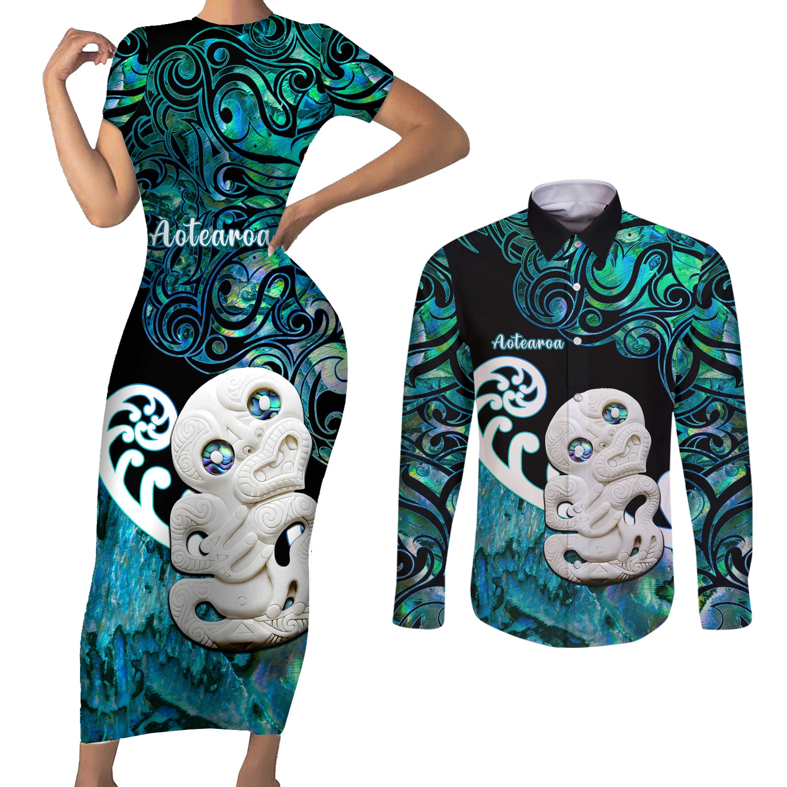 Personalized Aotearoa New Zealand Couples Matching Short Sleeve Bodycon Dress and Long Sleeve Button Shirts Paua Shell Fern Koru With Maori Hei Tiki LT05 Green - Polynesian Pride