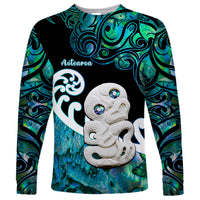 Personalized Aotearoa New Zealand Long Sleeve Shirt Paua Shell Fern Koru With Maori Hei Tiki LT05 Unisex Green - Polynesian Pride