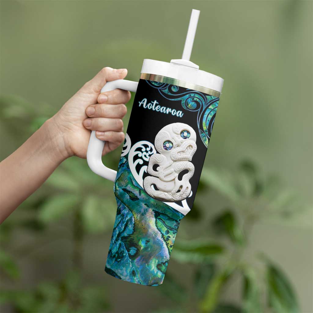Personalized Aotearoa New Zealand Tumbler With Handle Paua Shell Fern Koru With Maori Hei Tiki