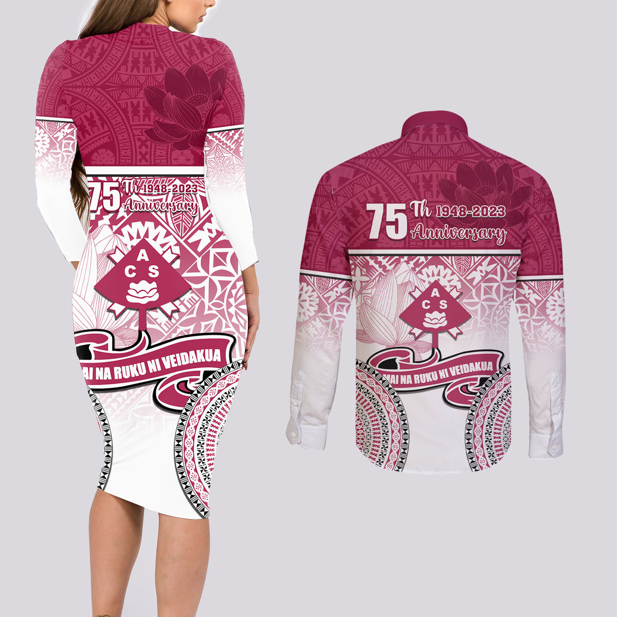 Adi Cakobau School Couples Matching Long Sleeve Bodycon Dress and Long Sleeve Button Shirts 75th Anniversary LT05 - Polynesian Pride