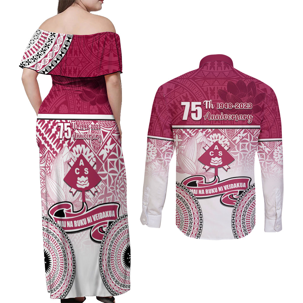 Adi Cakobau School Couples Matching Off Shoulder Maxi Dress and Long Sleeve Button Shirts 75th Anniversary LT05 - Polynesian Pride