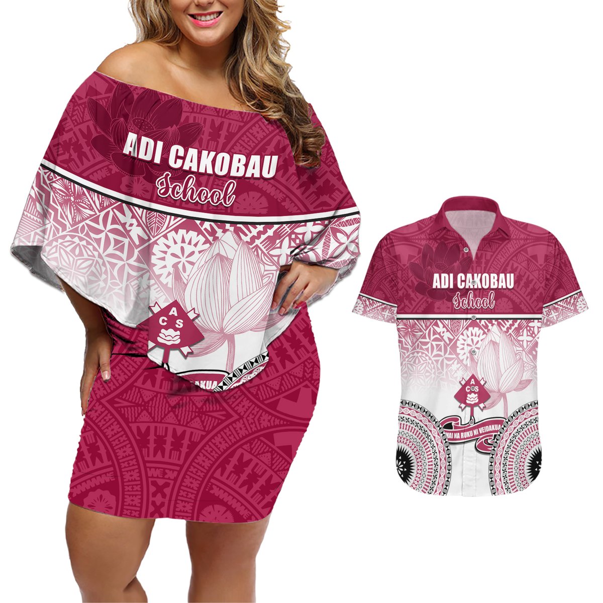 Adi Cakobau School Couples Matching Off Shoulder Short Dress and Hawaiian Shirt 75th Anniversary LT05 Pink - Polynesian Pride
