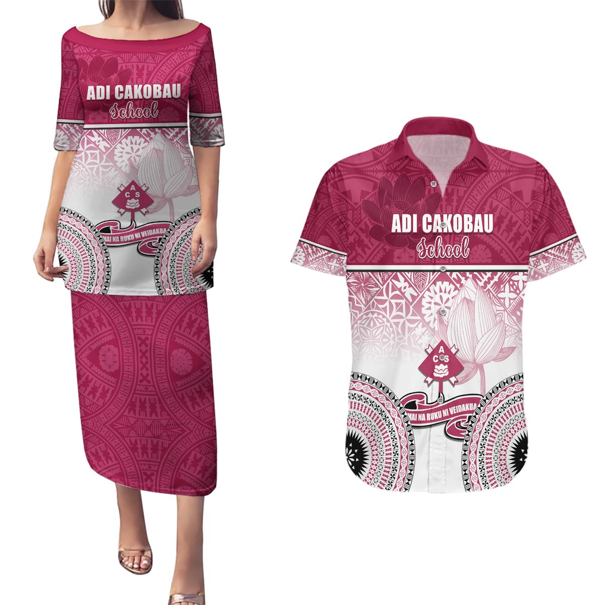 Adi Cakobau School Couples Matching Puletasi Dress and Hawaiian Shirt 75th Anniversary LT05 Pink - Polynesian Pride