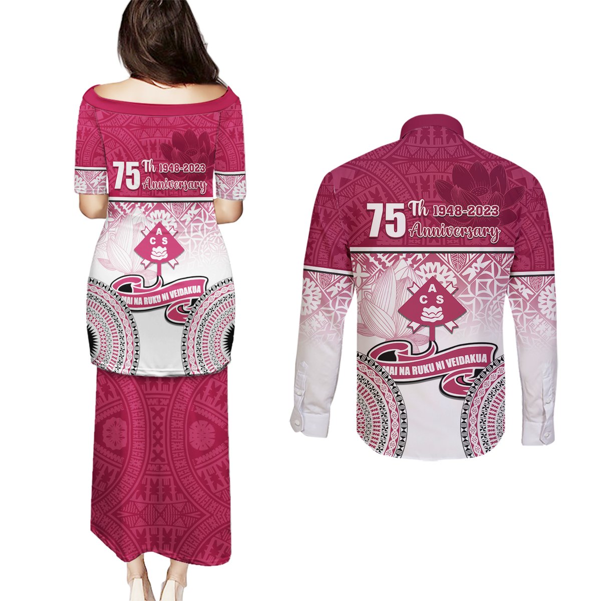 Adi Cakobau School Couples Matching Puletasi Dress and Long Sleeve Button Shirts 75th Anniversary LT05 - Polynesian Pride