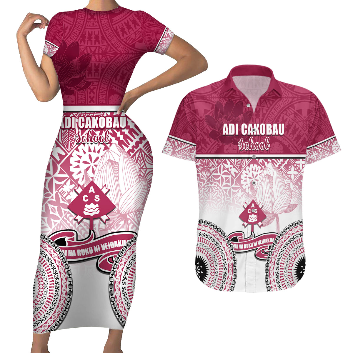 Adi Cakobau School Couples Matching Short Sleeve Bodycon Dress and Hawaiian Shirt 75th Anniversary LT05 Pink - Polynesian Pride